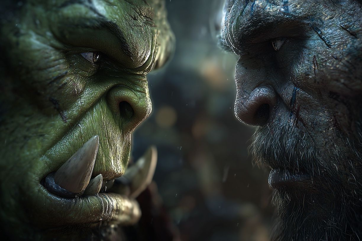Epic Orc vs Human Face-Off — Fantasy Art Print. poster detail