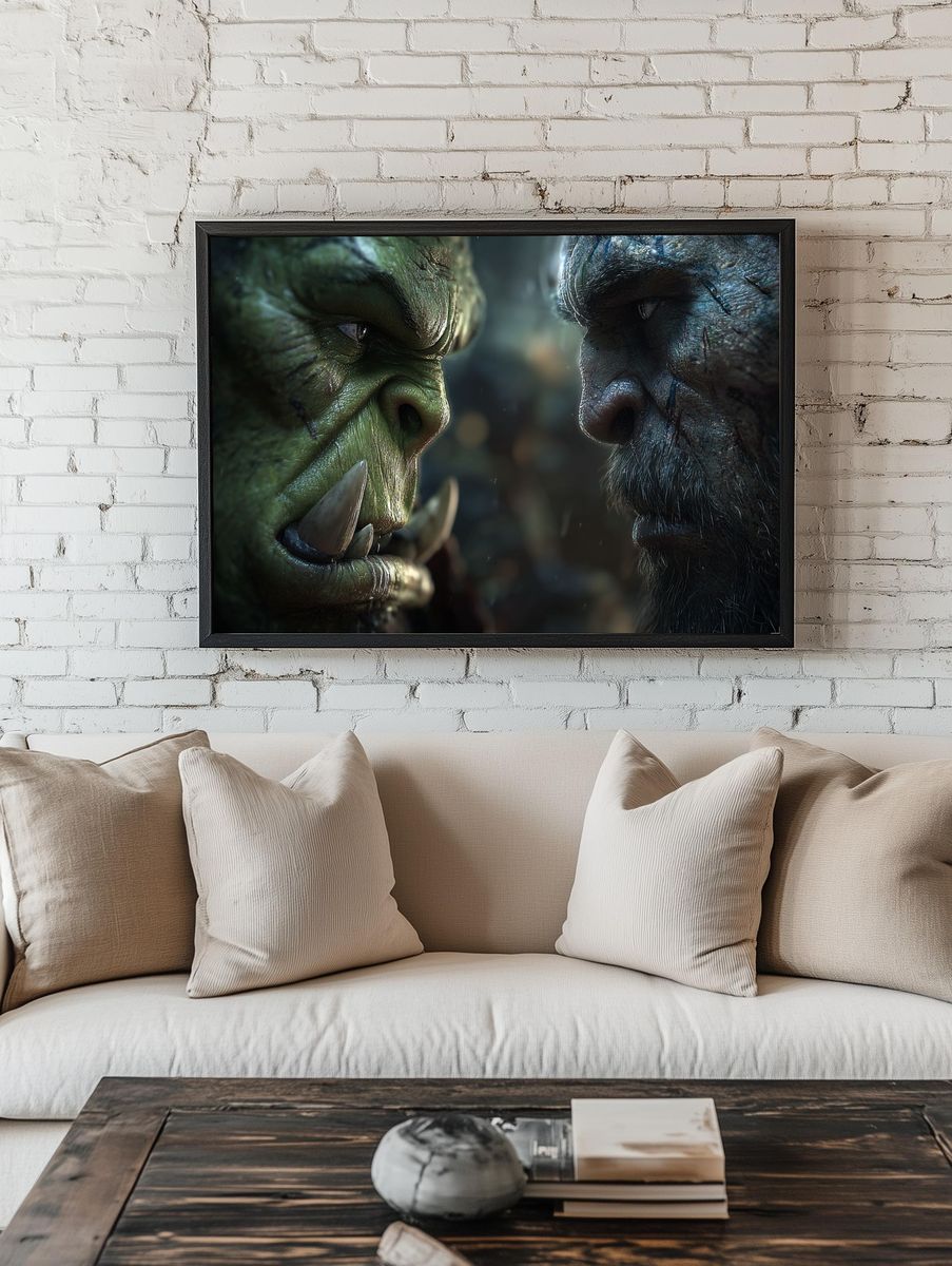 Epic Orc vs Human Face-Off — Fantasy Art Print. — room view 1