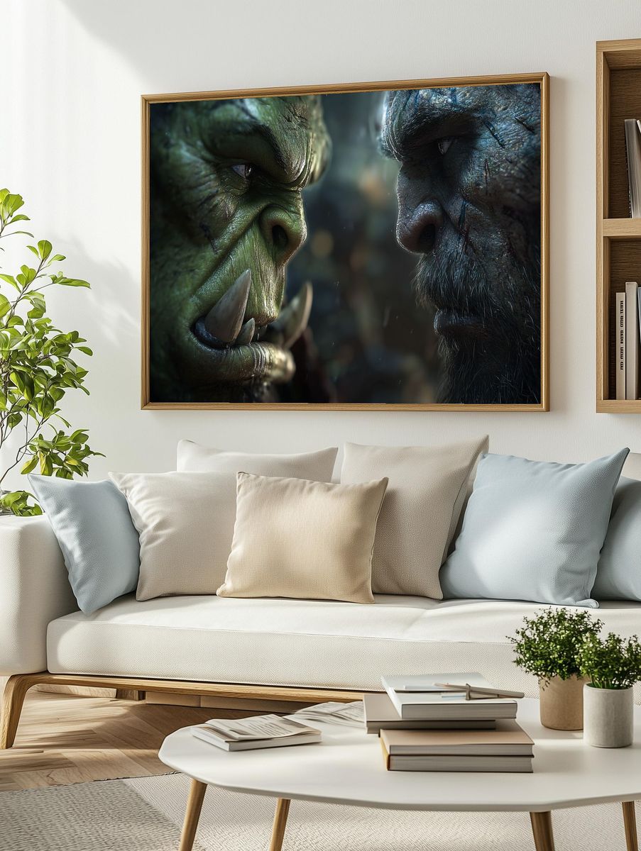 Epic Orc vs Human Face-Off — Fantasy Art Print. — room view 2
