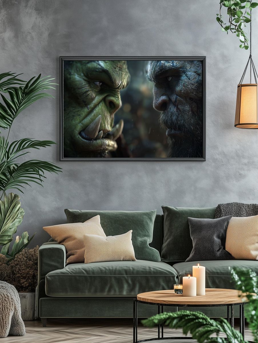 Epic Orc vs Human Face-Off — Fantasy Art Print. — room view 4