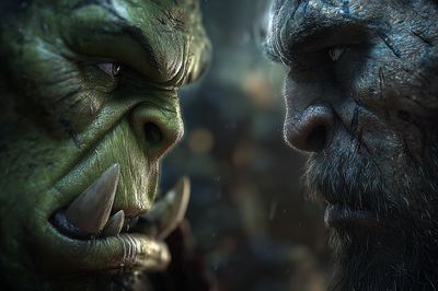 Epic Orc vs Human Face-Off — Fantasy Art Print. poster print