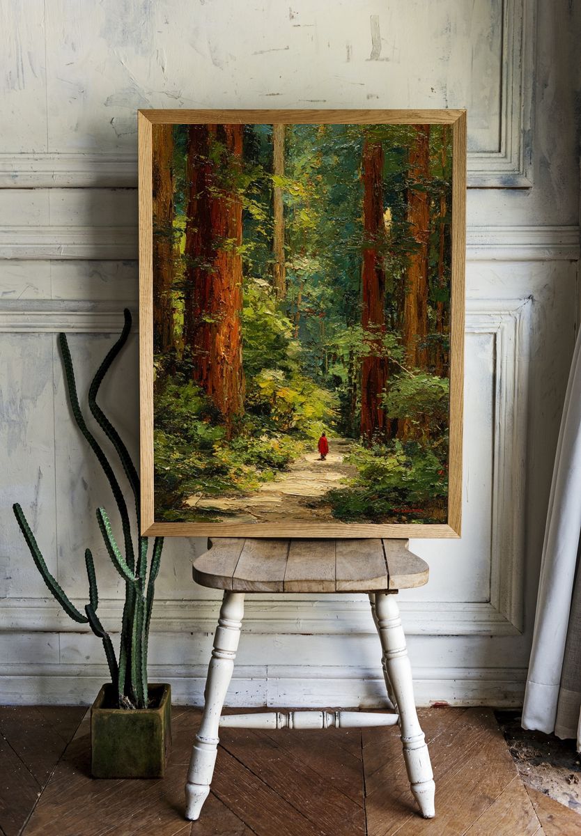 Red Cloak in Redwood Forest Print. — room view 1