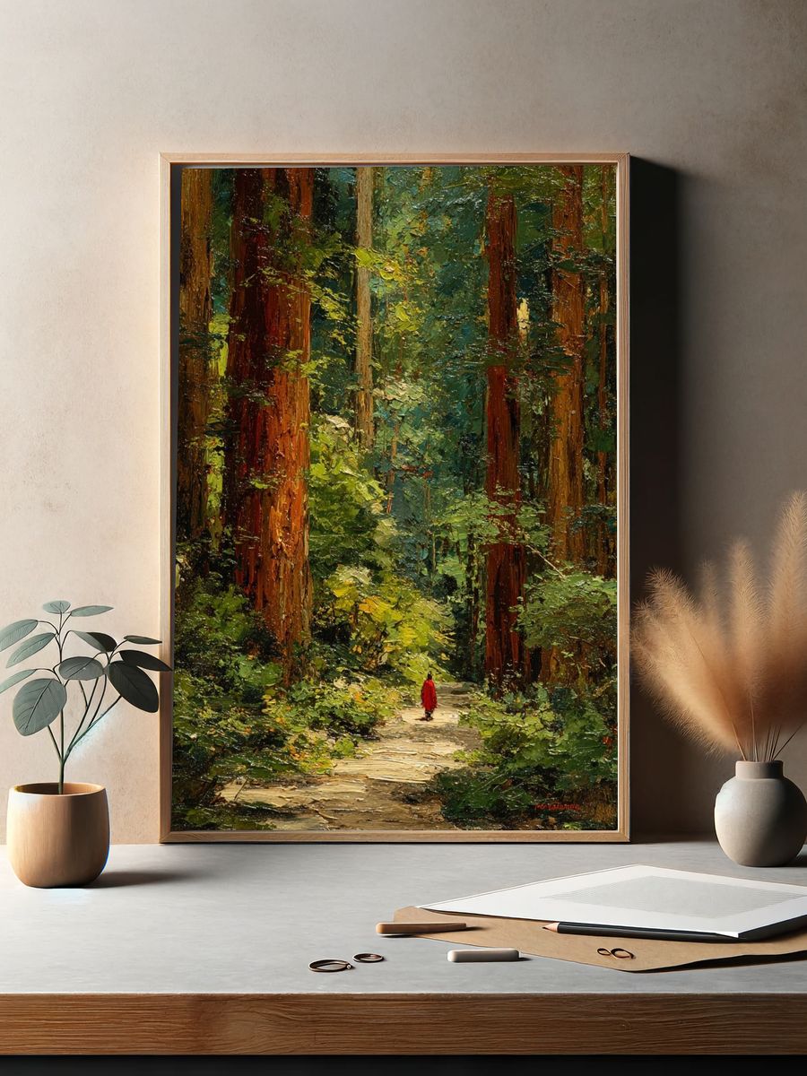 Red Cloak in Redwood Forest Print. — room view 2