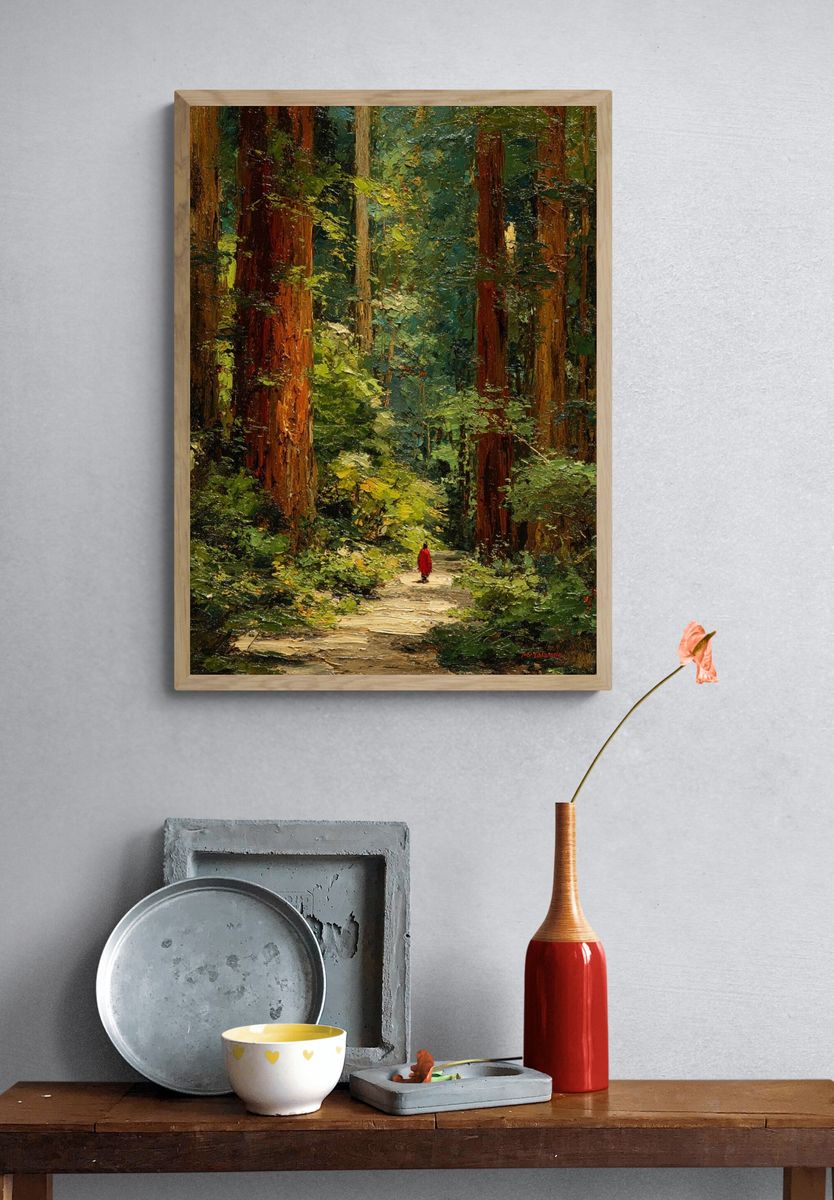 Red Cloak in Redwood Forest Print. — room view 3