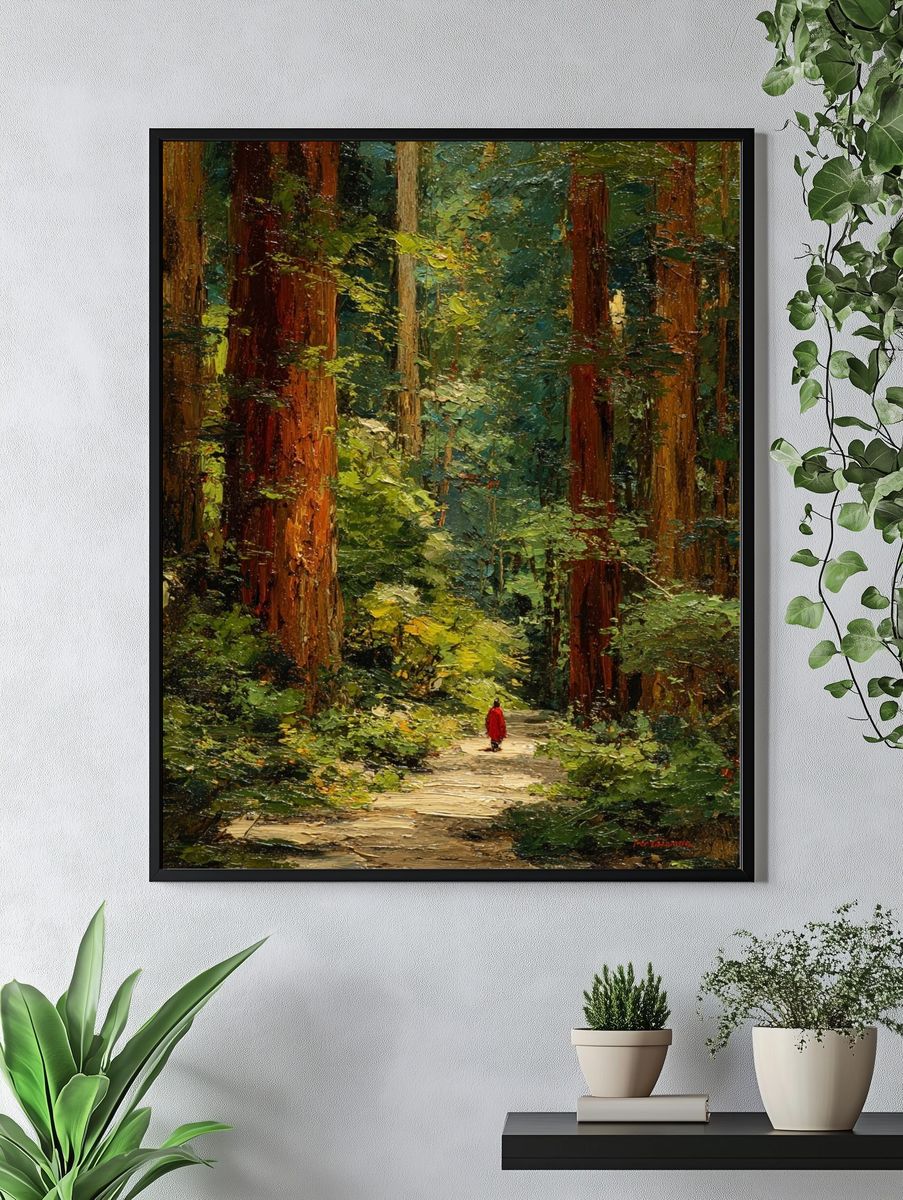 Red Cloak in Redwood Forest Print. — room view 4