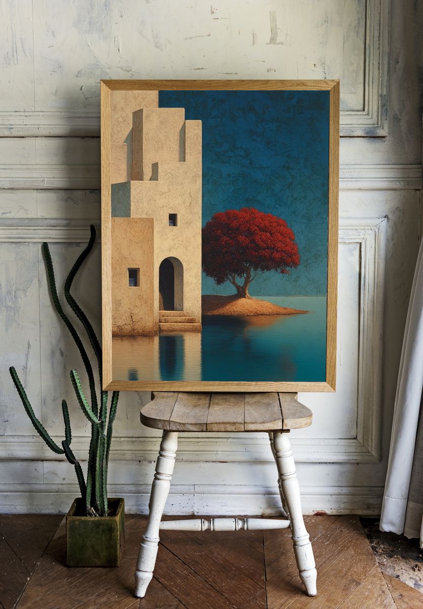 Red Tree by Water — Fine Art Print. — room view 1
