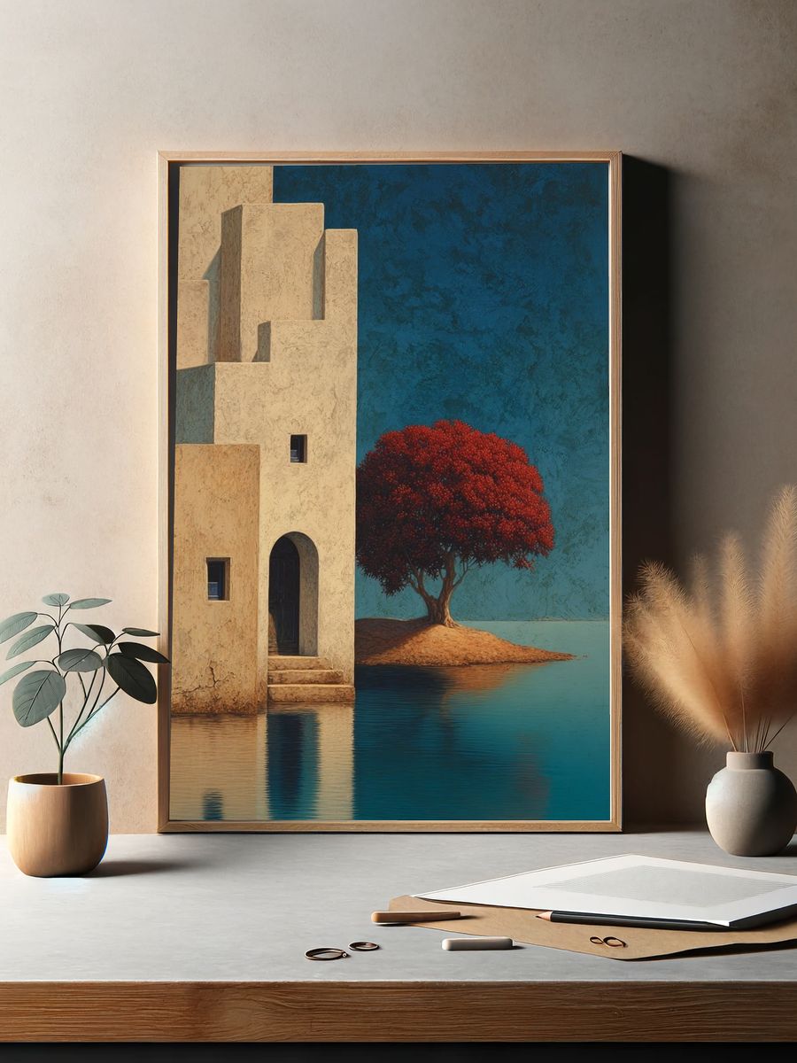 Red Tree by Water — Fine Art Print. — room view 2