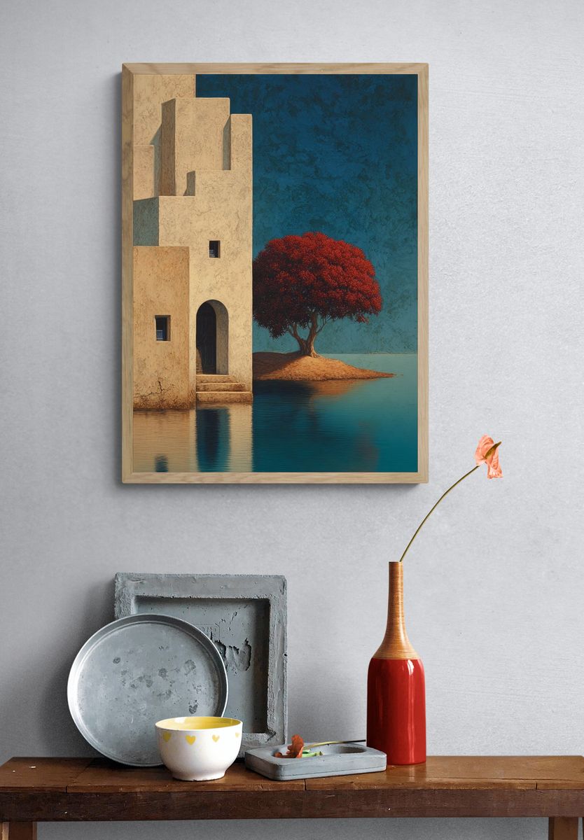 Red Tree by Water — Fine Art Print. — room view 3