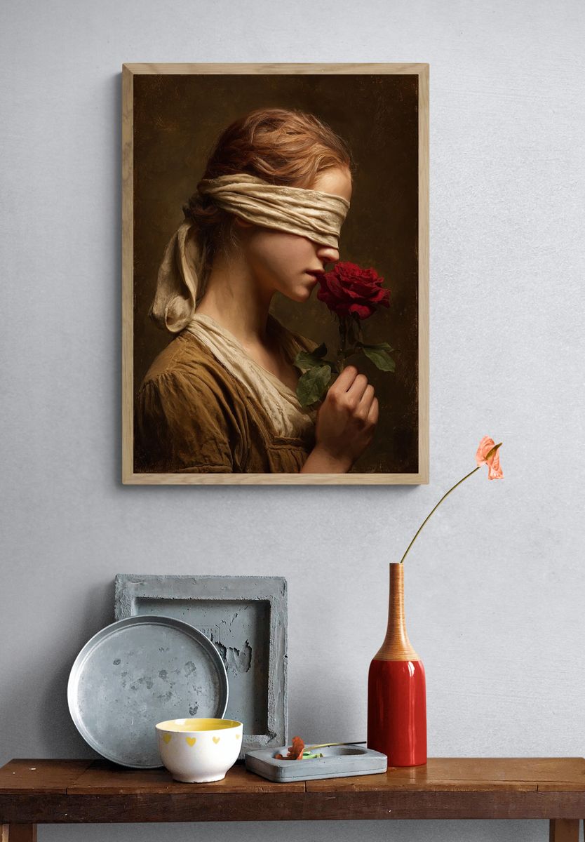 Blindfolded Rose Portrait Print. — room view 3