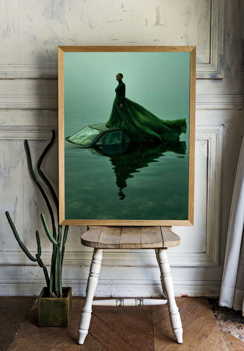 Elegant Woman in Green Dress — Fine Art Print. — room view 1