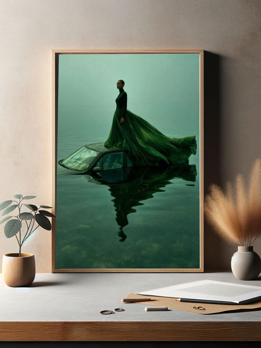 Elegant Woman in Green Dress — Fine Art Print. — room view 2