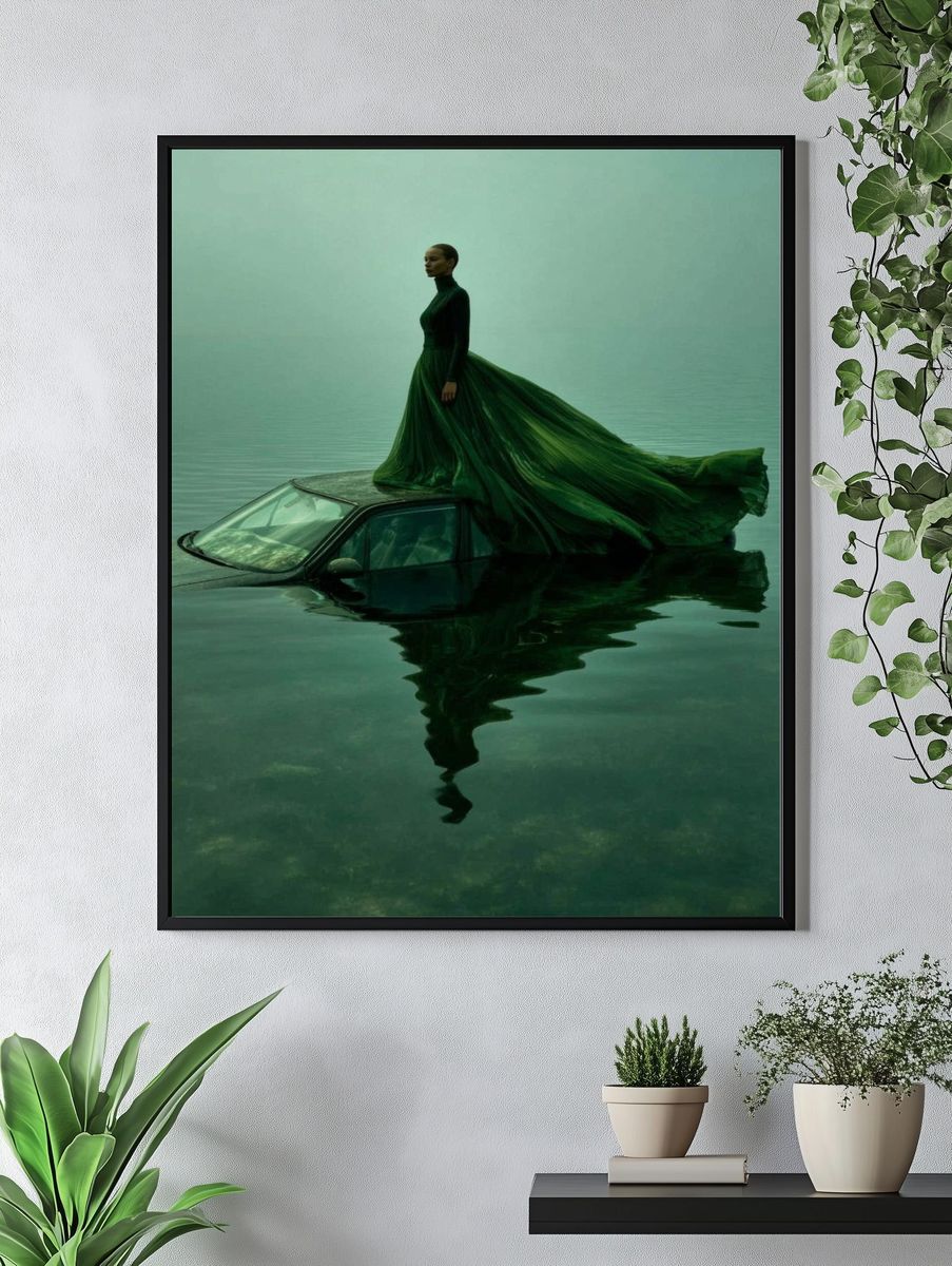 Elegant Woman in Green Dress — Fine Art Print. — room view 4