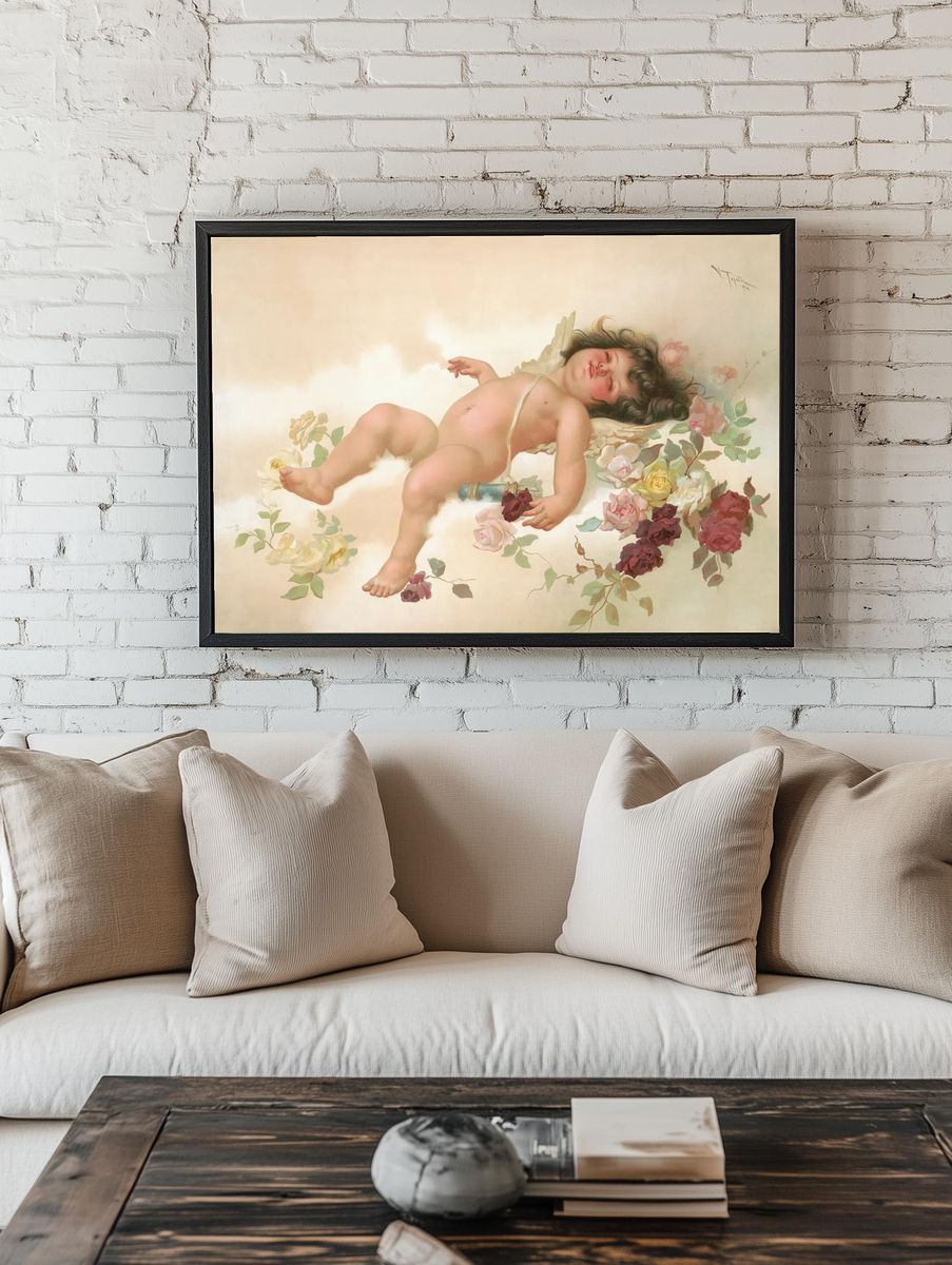 Sleeping Child with Roses Print. — room view 1
