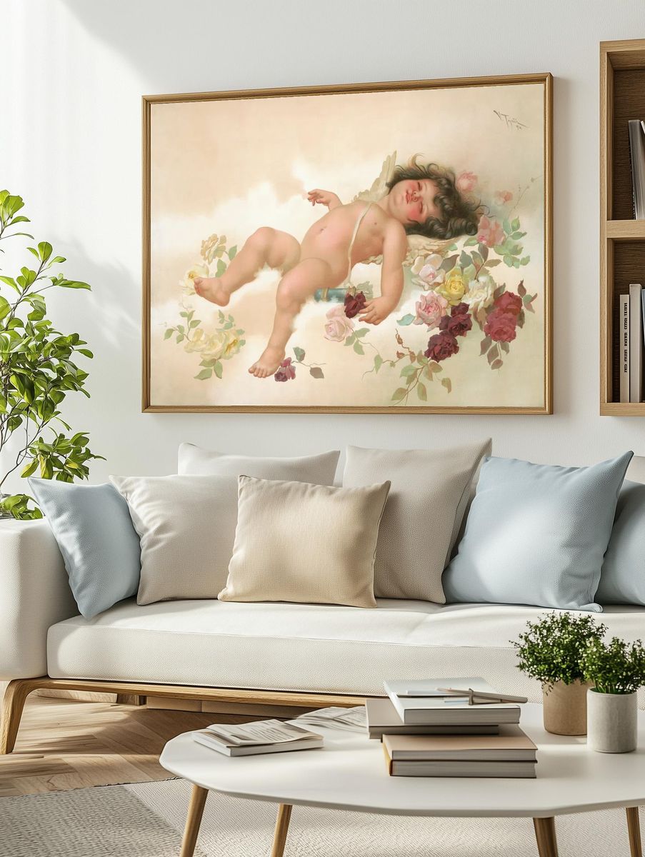 Sleeping Child with Roses Print. — room view 2