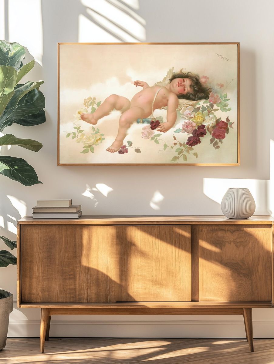 Sleeping Child with Roses Print. — room view 3