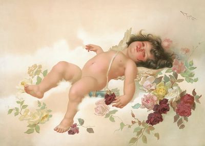Sleeping Child with Roses Print. poster print
