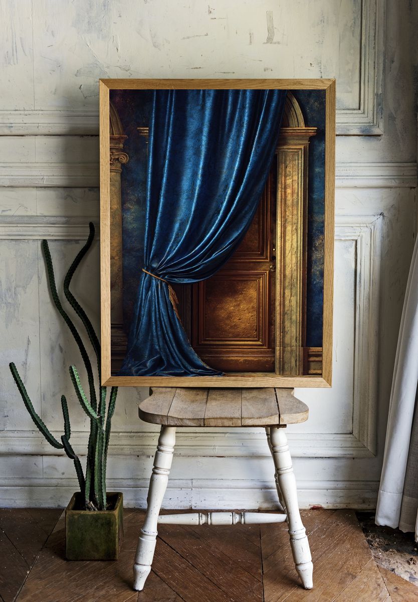 Elegant Blue Curtain — Fine Art Print. — room view 1