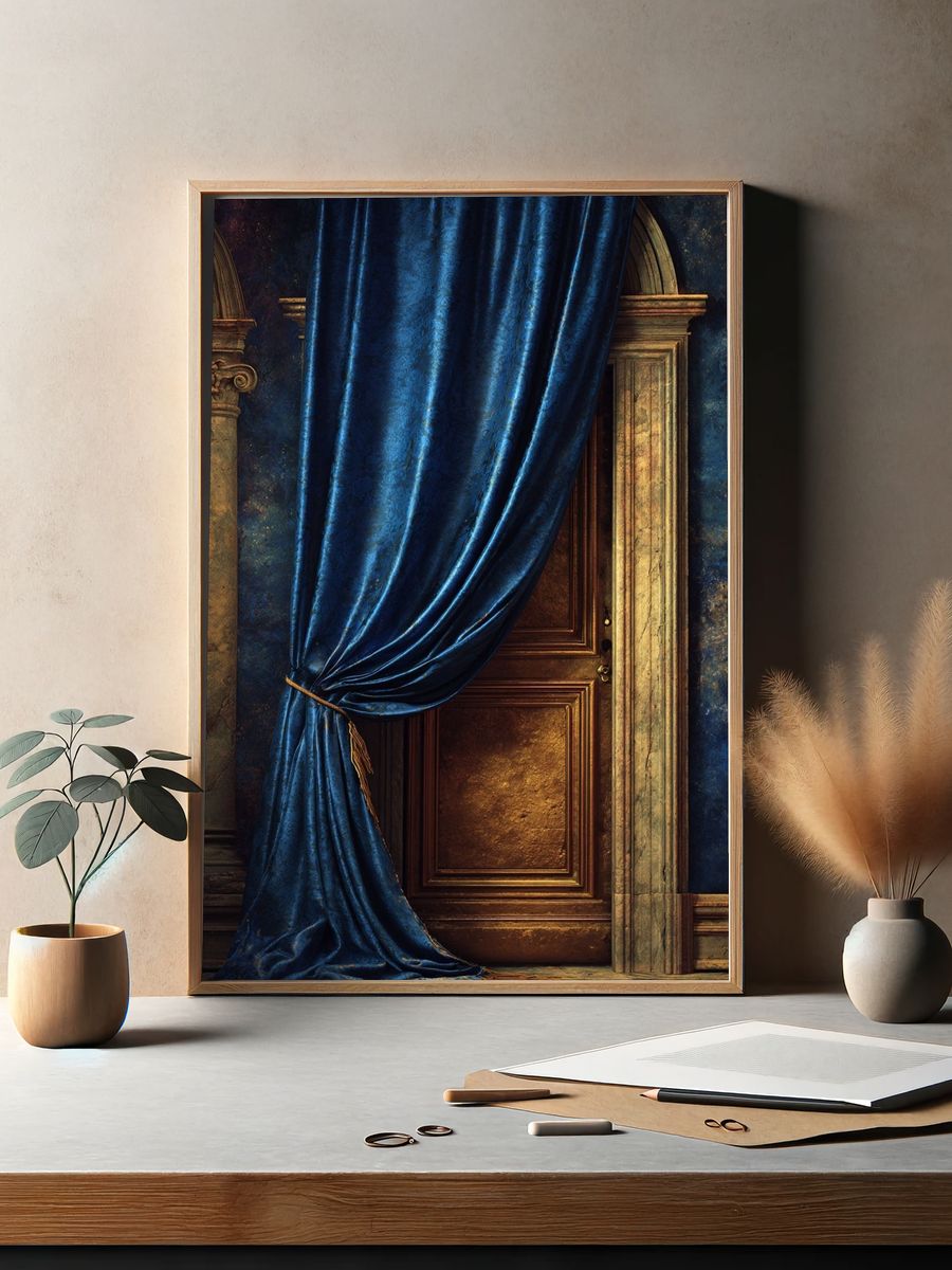 Elegant Blue Curtain — Fine Art Print. — room view 2