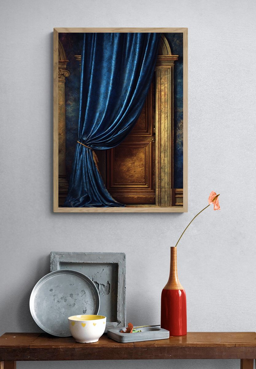 Elegant Blue Curtain — Fine Art Print. — room view 3