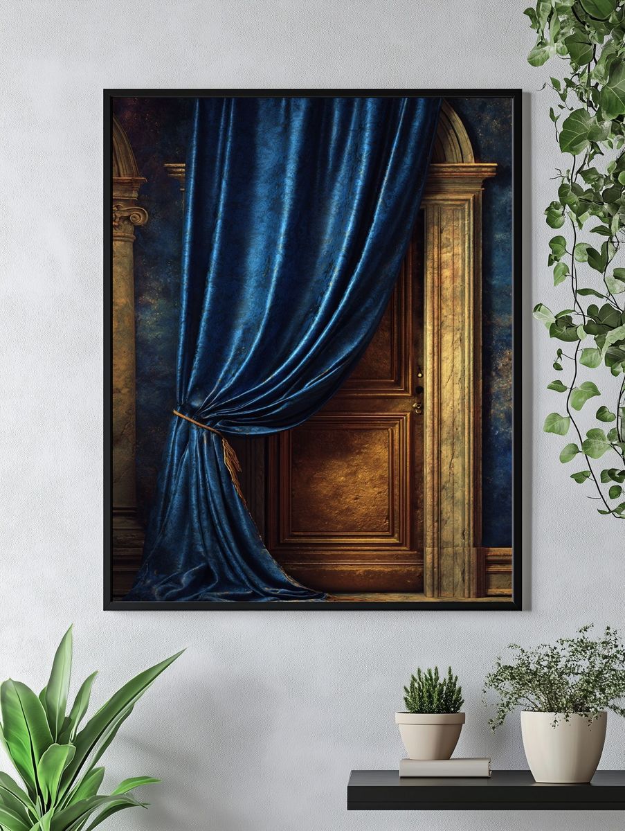 Elegant Blue Curtain — Fine Art Print. — room view 4