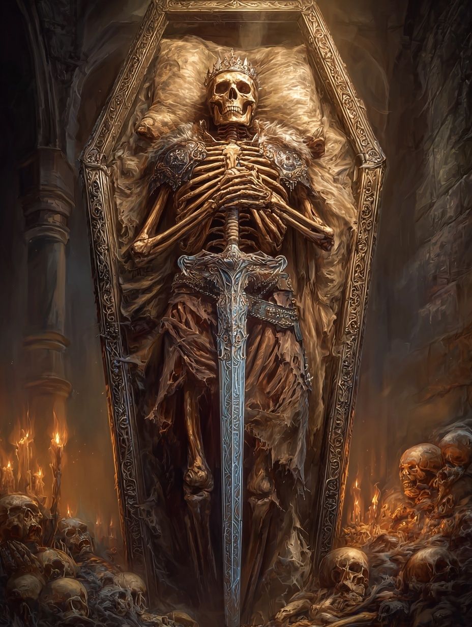 Crowned Skeleton in Coffin — Fantasy Art Print. poster detail
