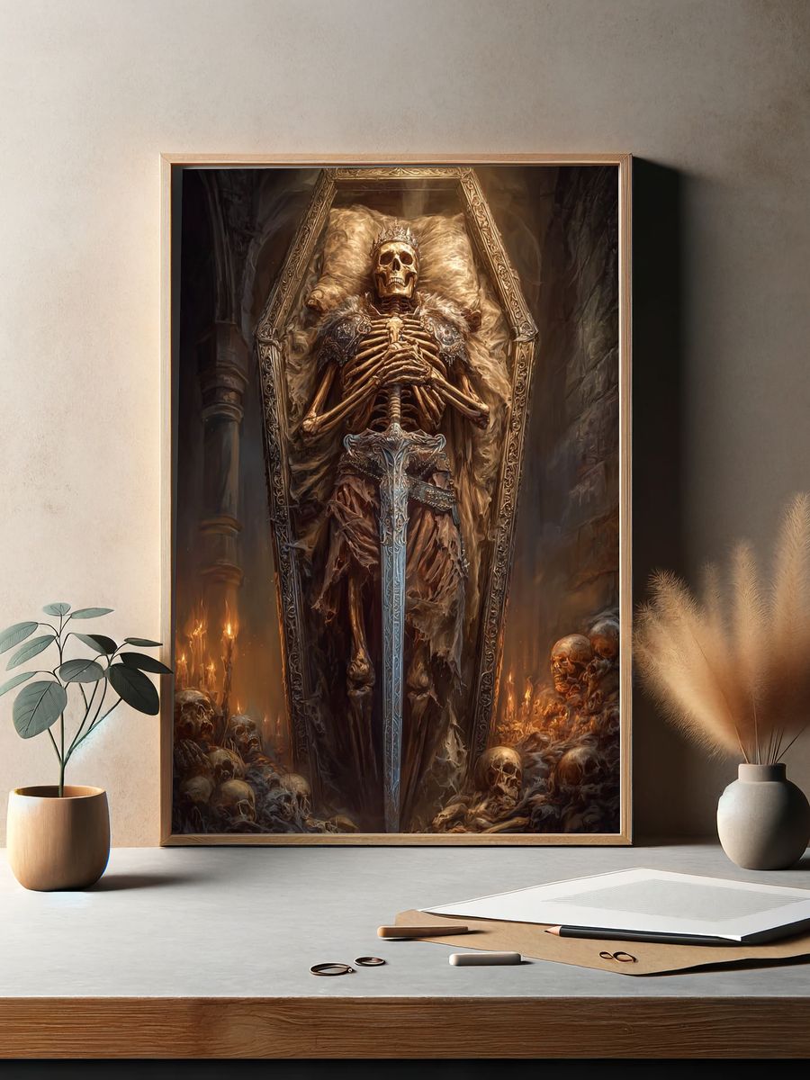 Crowned Skeleton in Coffin — Fantasy Art Print. — room view 2