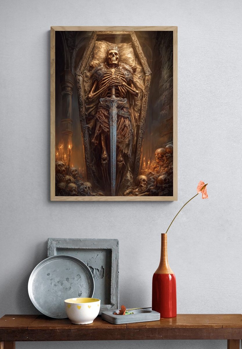 Crowned Skeleton in Coffin — Fantasy Art Print. — room view 3