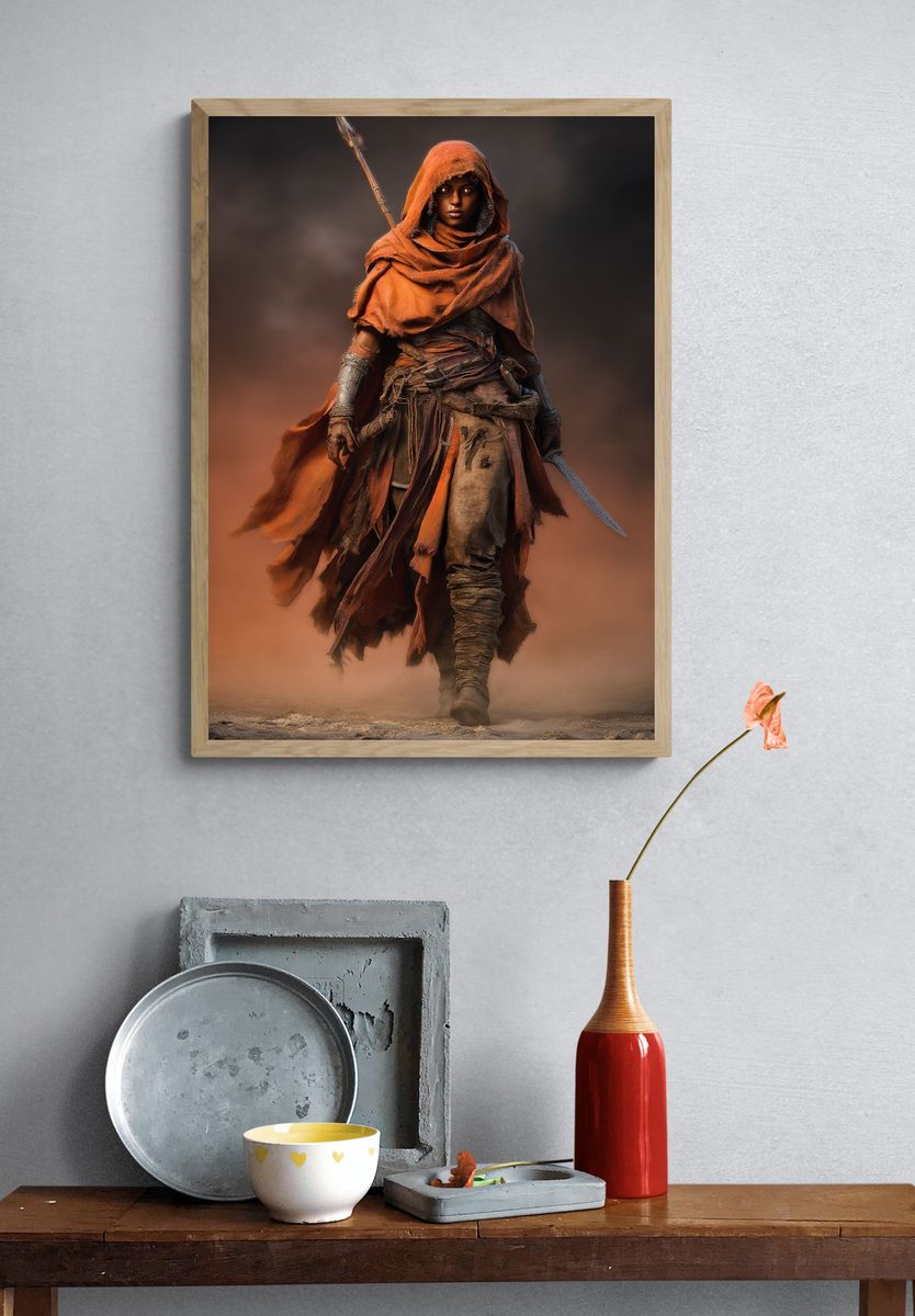Warrior in Orange Cloak — Fantasy Print. — room view 3