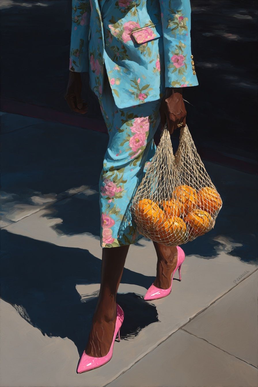Fashionable Woman with Oranges — Fine Art Print. poster — fine-art art