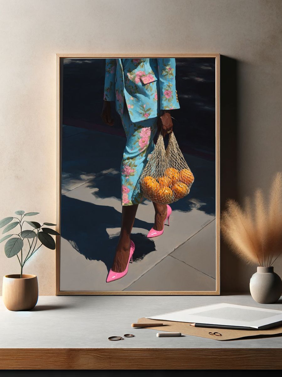 Fashionable Woman with Oranges — Fine Art Print. — room view 2