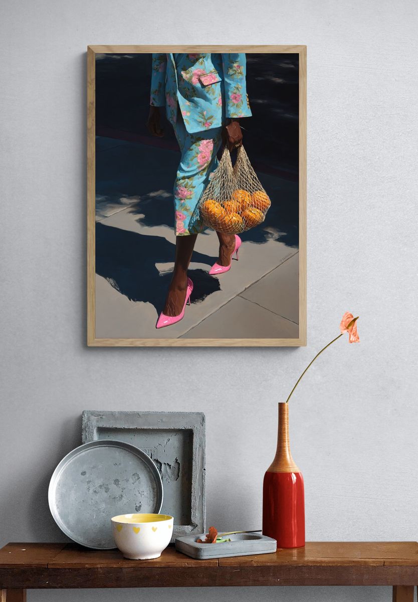 Fashionable Woman with Oranges — Fine Art Print. — room view 3