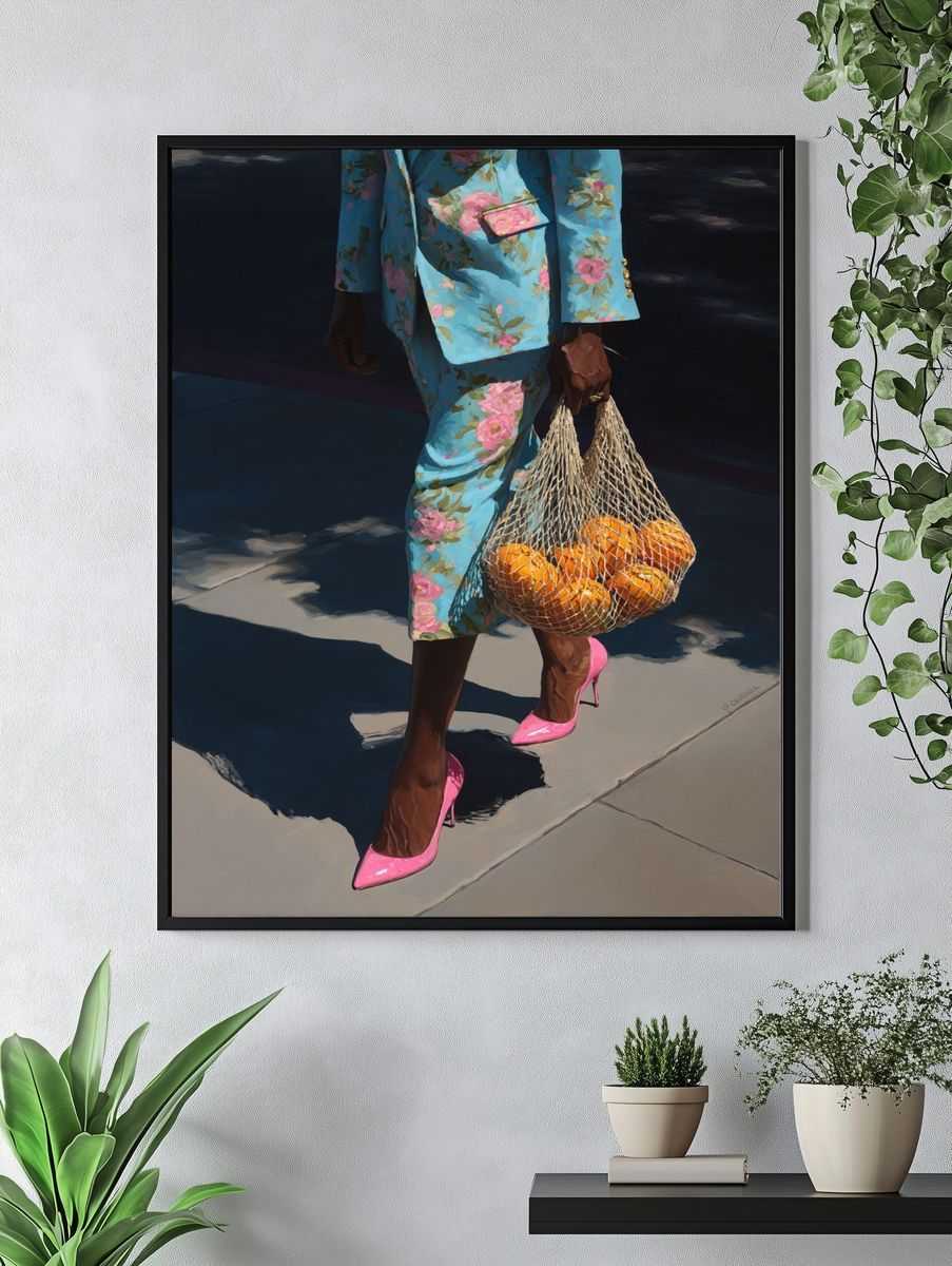 Fashionable Woman with Oranges — Fine Art Print. — room view 4