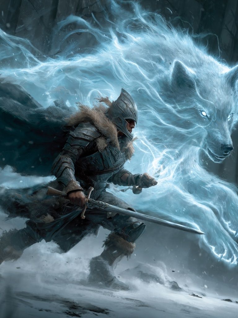 Warrior and Spirit Wolf — Fantasy Art Print. poster detail