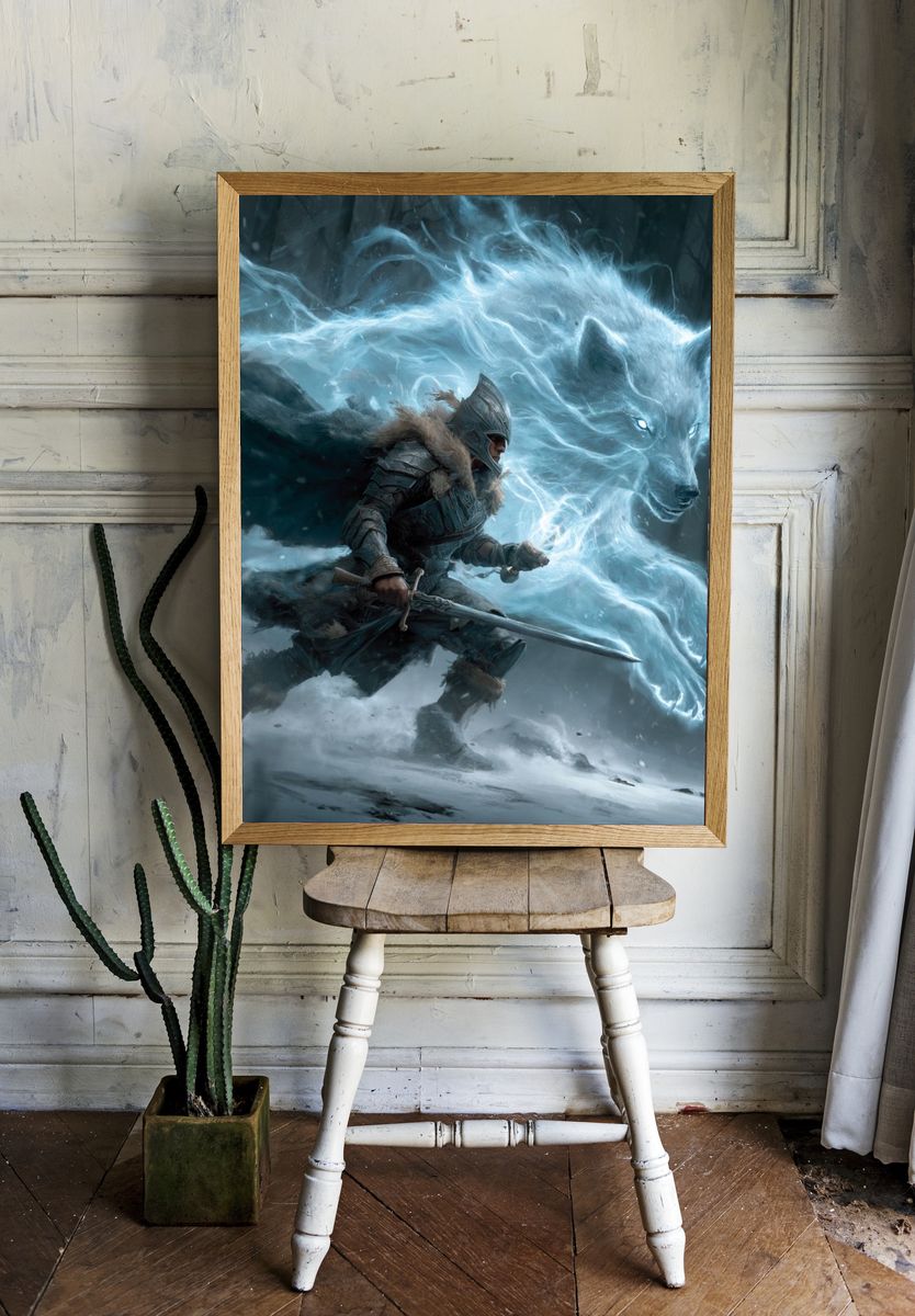 Warrior and Spirit Wolf — Fantasy Art Print. — room view 1