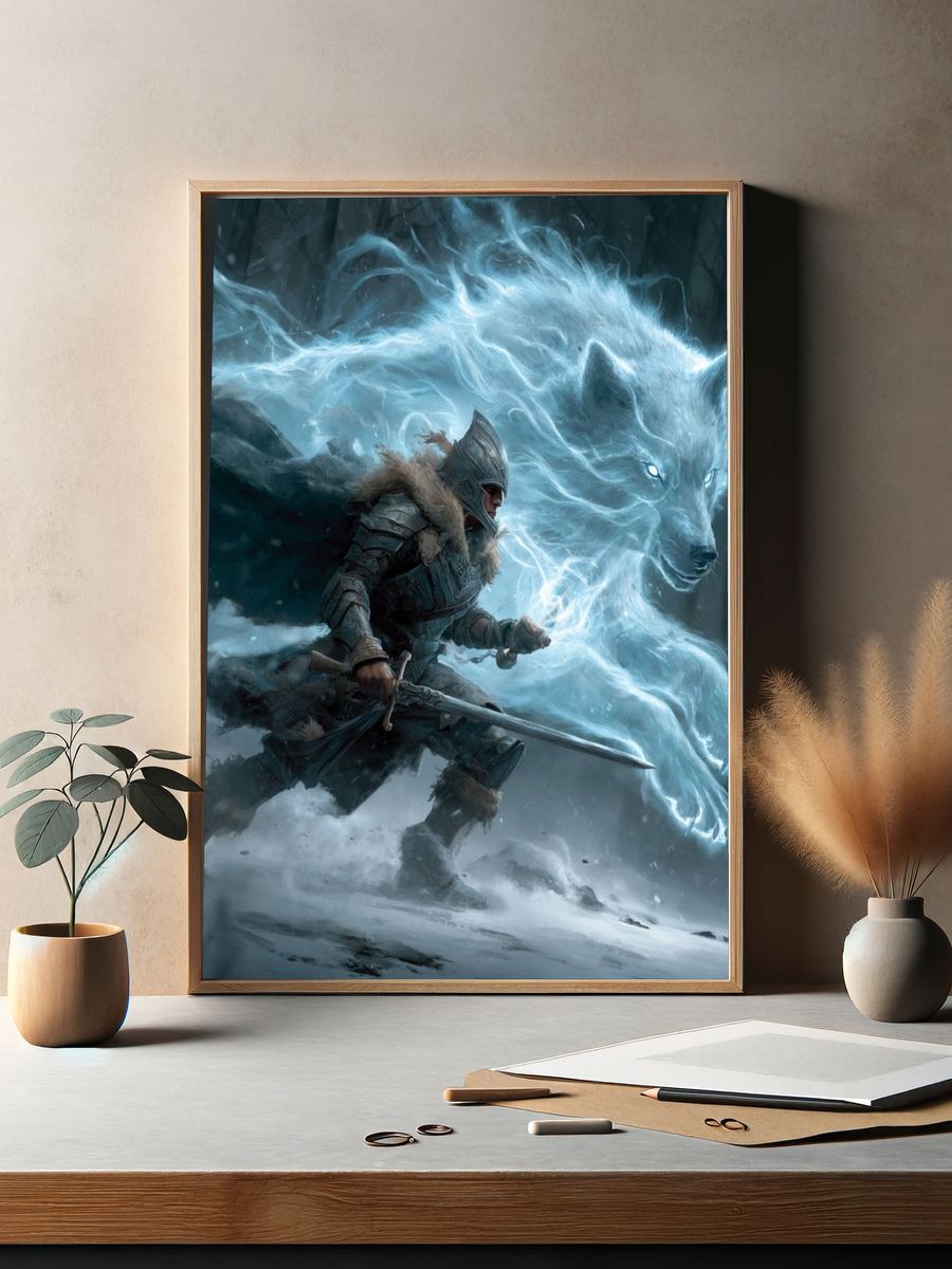 Warrior and Spirit Wolf — Fantasy Art Print. — room view 2