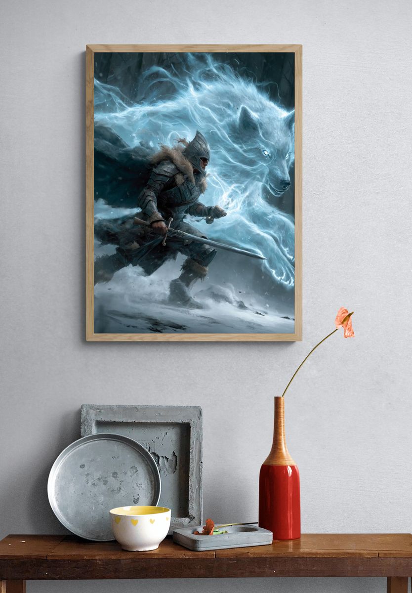 Warrior and Spirit Wolf — Fantasy Art Print. — room view 3