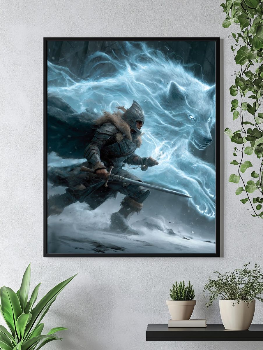 Warrior and Spirit Wolf — Fantasy Art Print. — room view 4