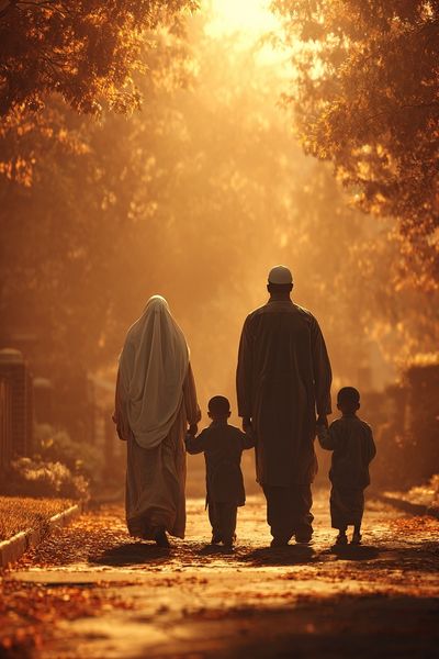 Family Walk in Autumn Light Poster. poster print