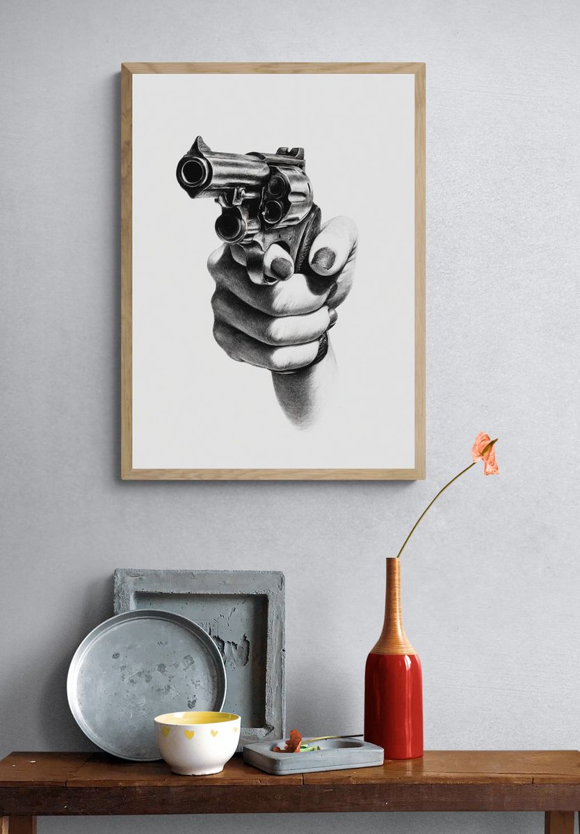 Hand Holding Gun — Fine Art Print. — room view 3
