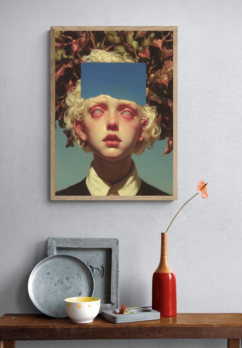 Surreal Portrait with Nature Elements — Art Print. — room view 3