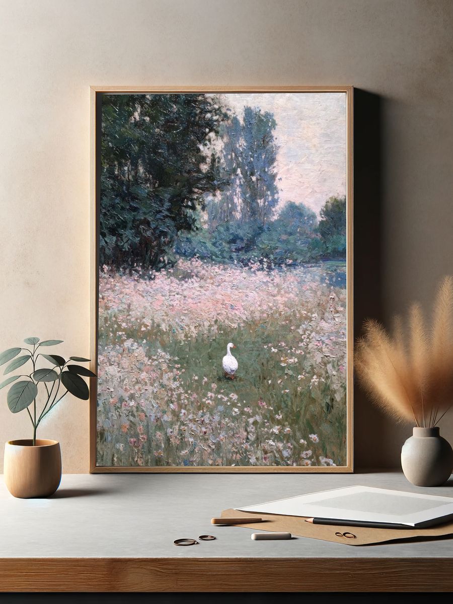 White Goose in a Flower Field — Fine Art Print. — room view 2