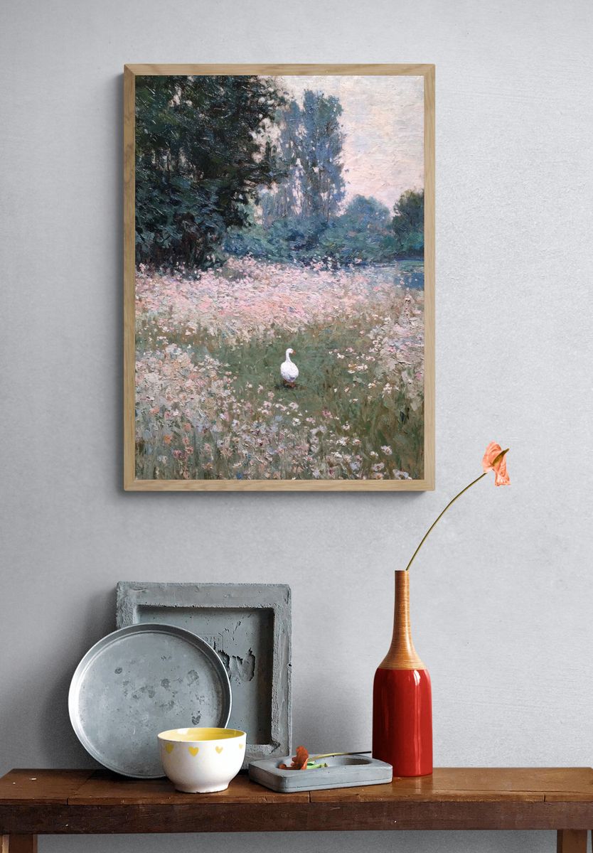 White Goose in a Flower Field — Fine Art Print. — room view 3