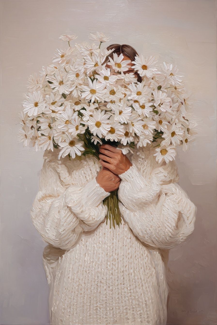 Woman Holding Daisies — Fine Art Print. poster detail