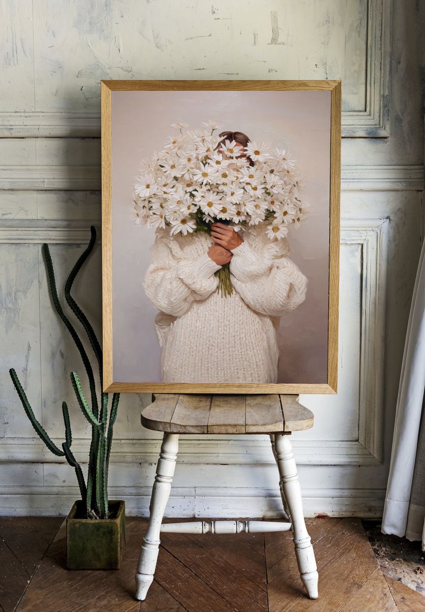 Woman Holding Daisies — Fine Art Print. — room view 1