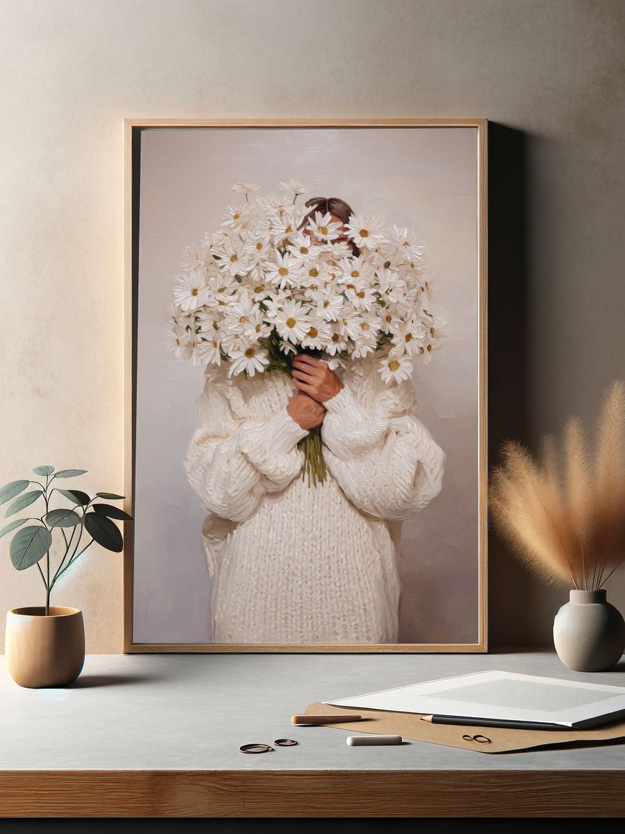Woman Holding Daisies — Fine Art Print. — room view 2