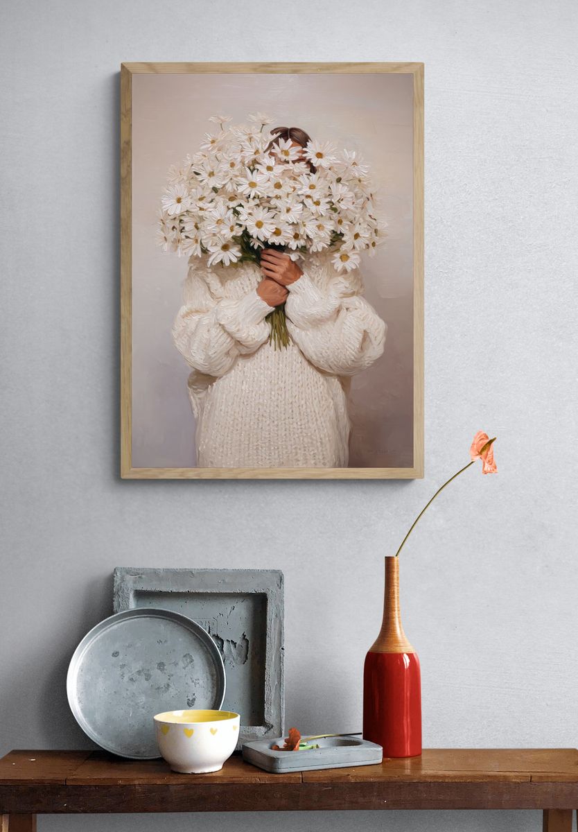 Woman Holding Daisies — Fine Art Print. — room view 3