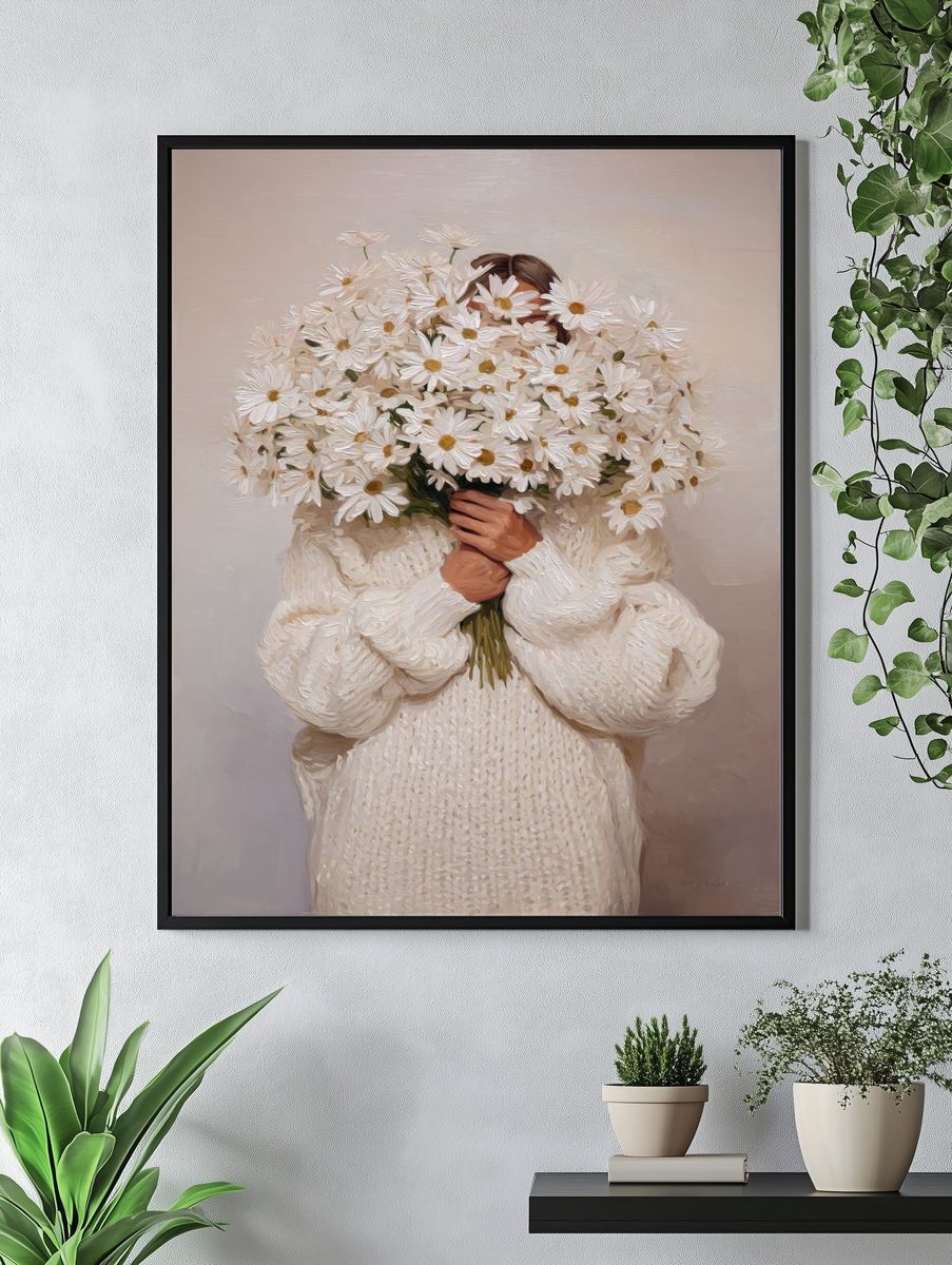 Woman Holding Daisies — Fine Art Print. — room view 4
