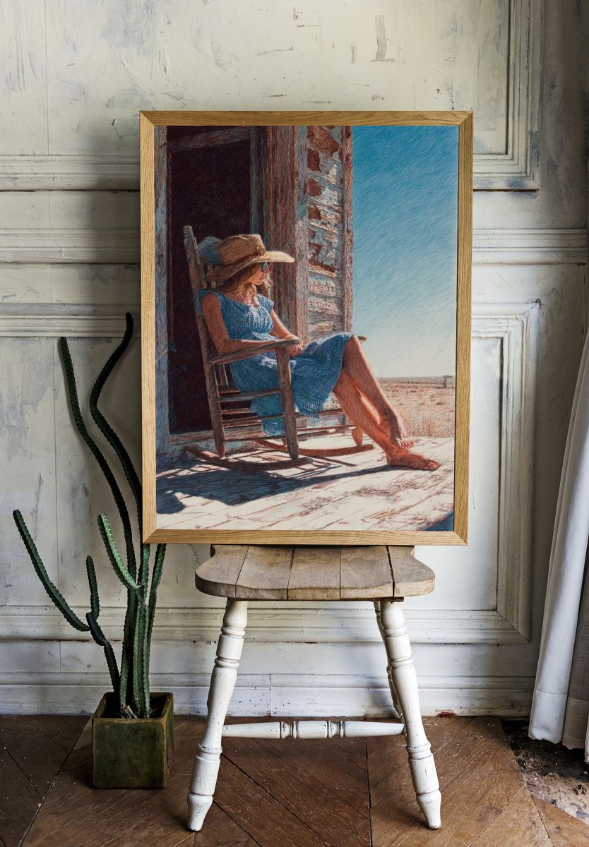 Woman Relaxing on Porch — Fine Art Print. — room view 1