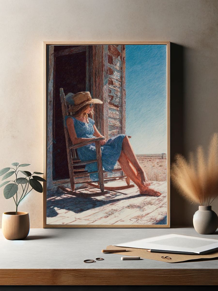 Woman Relaxing on Porch — Fine Art Print. — room view 2