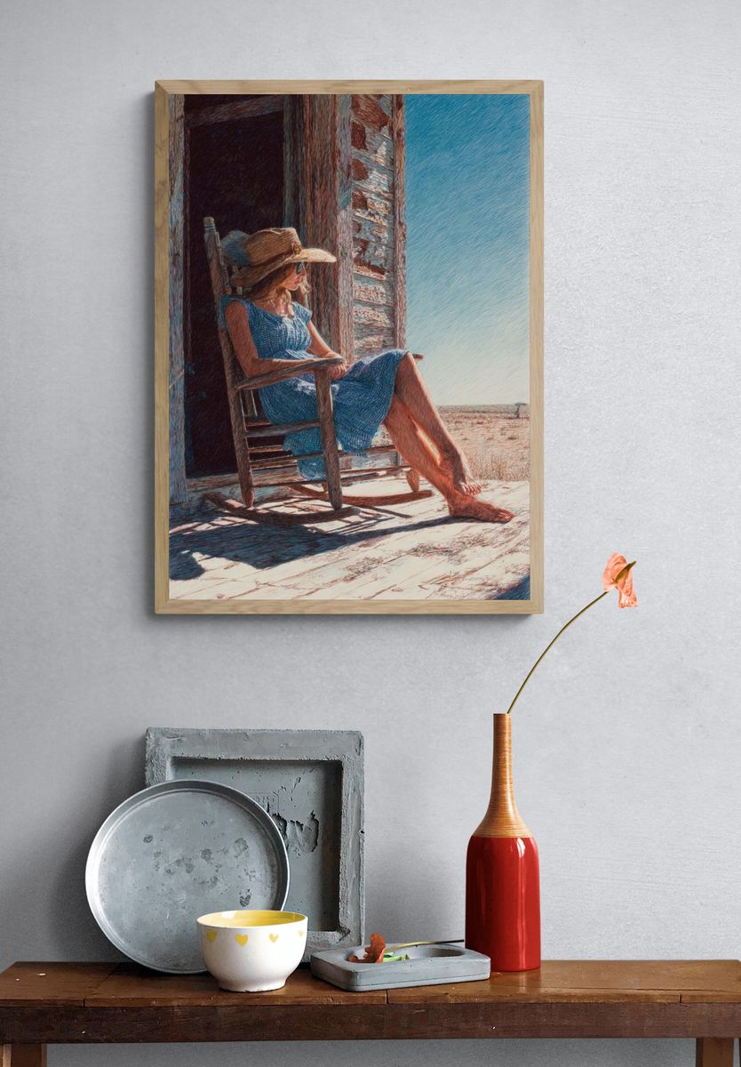 Woman Relaxing on Porch — Fine Art Print. — room view 3